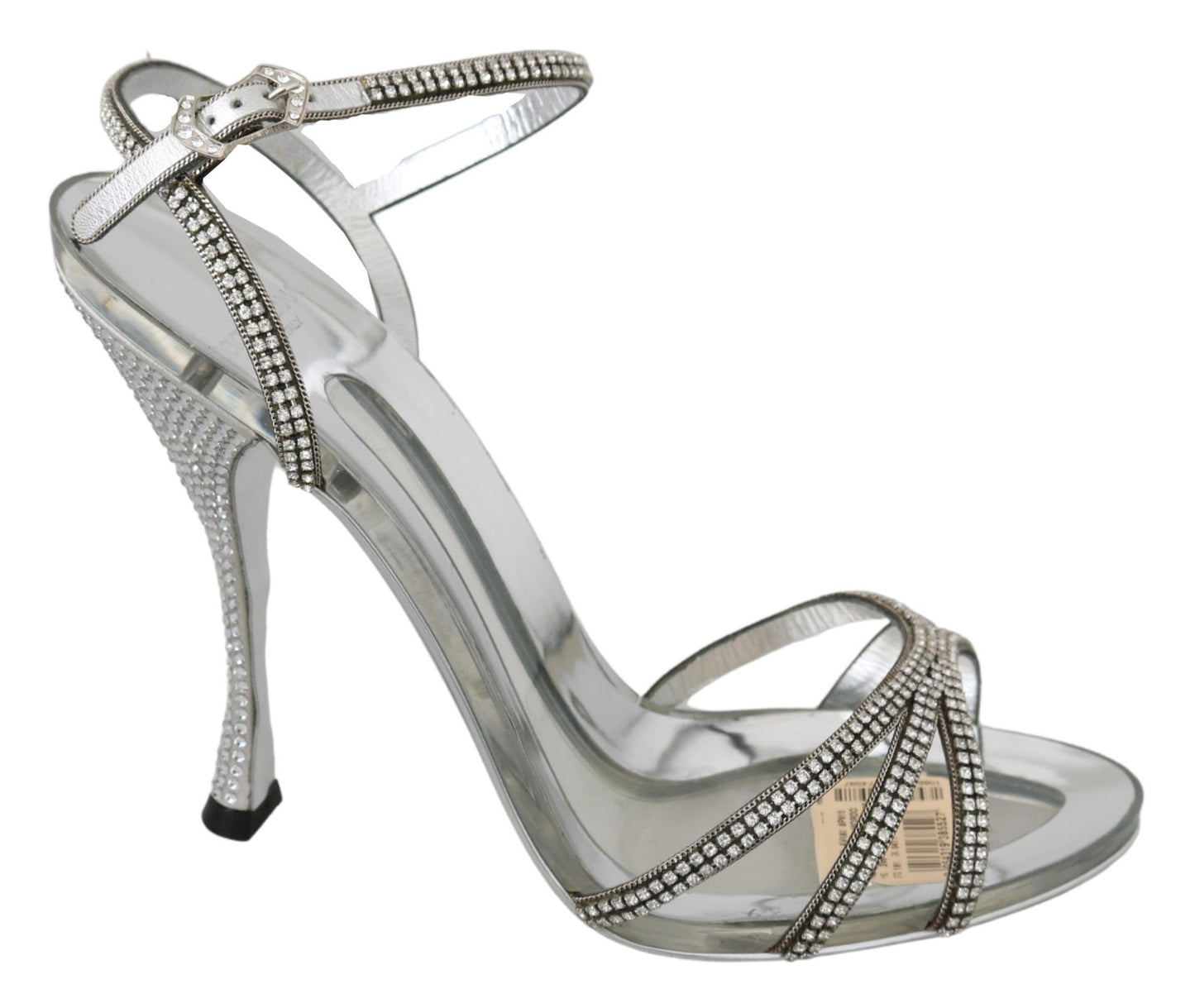 Dolce & Gabbana Silver Leather Ankle Strap Sandals with Crystals