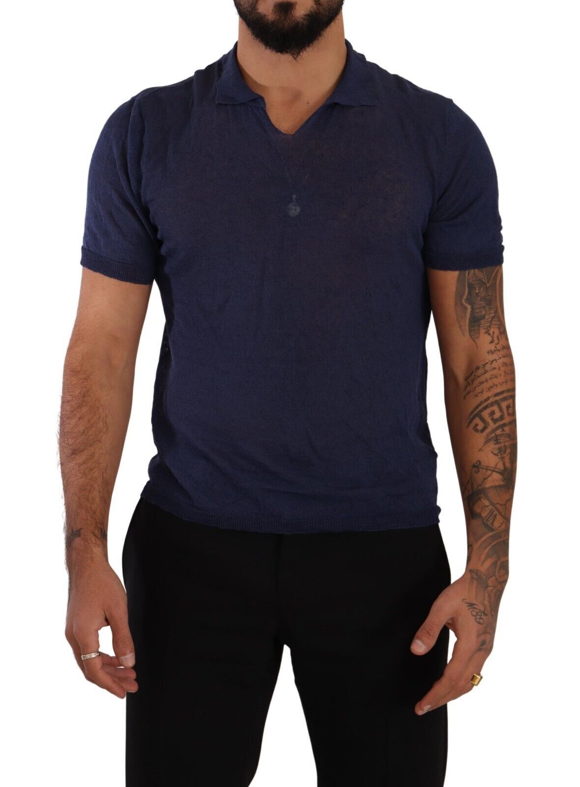 Daniele Alessandrini Navy Linen Blend Collared T-Shirt