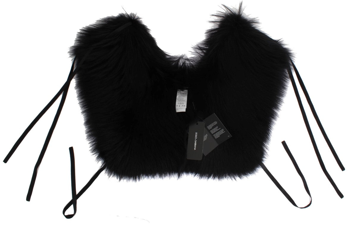 Dolce & Gabbana Elegant Black Fox Fur Silk Shoulder Wrap