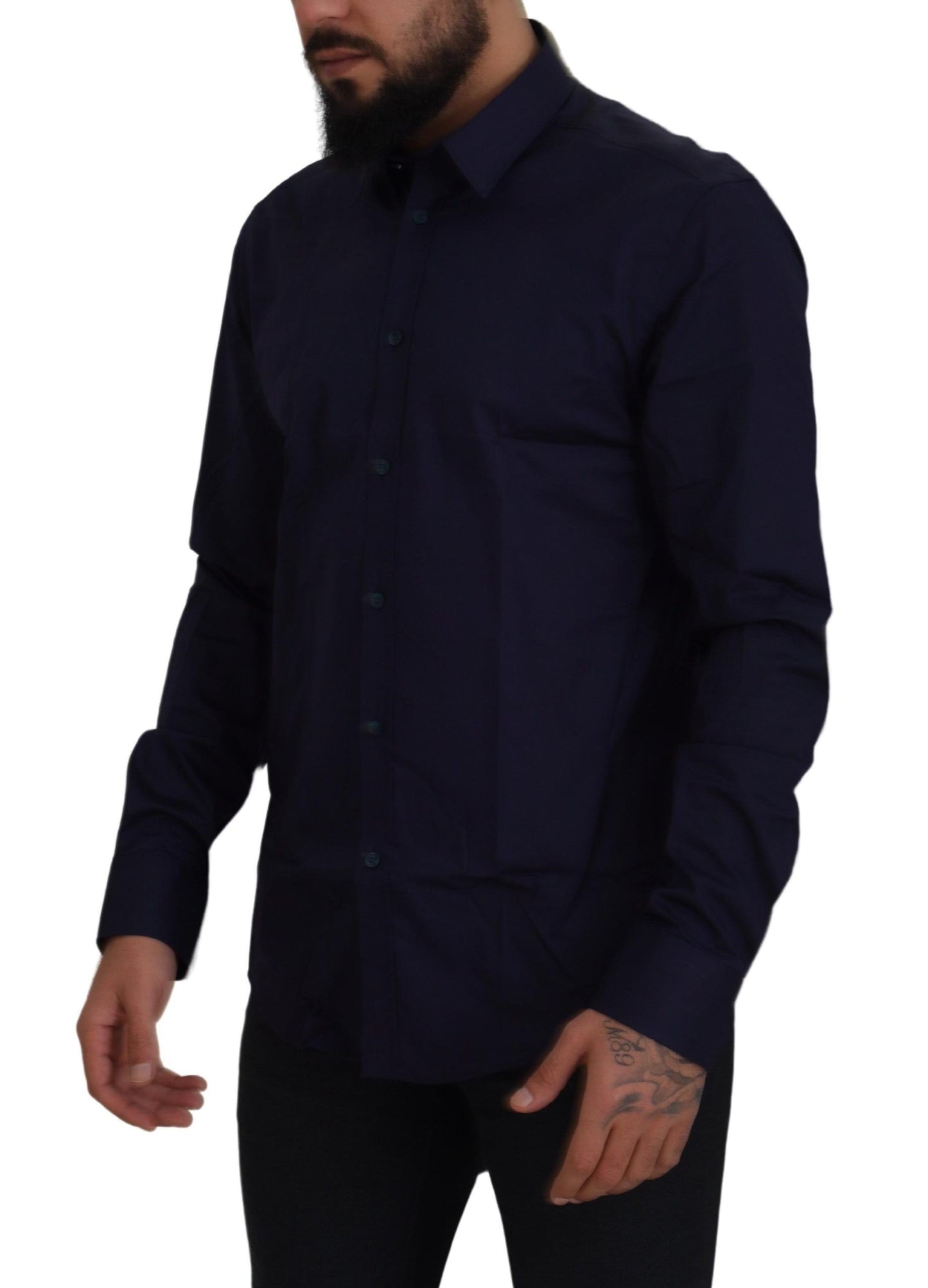 Versace Collection Elegant Dark Blue Cotton Blend Dress Shirt