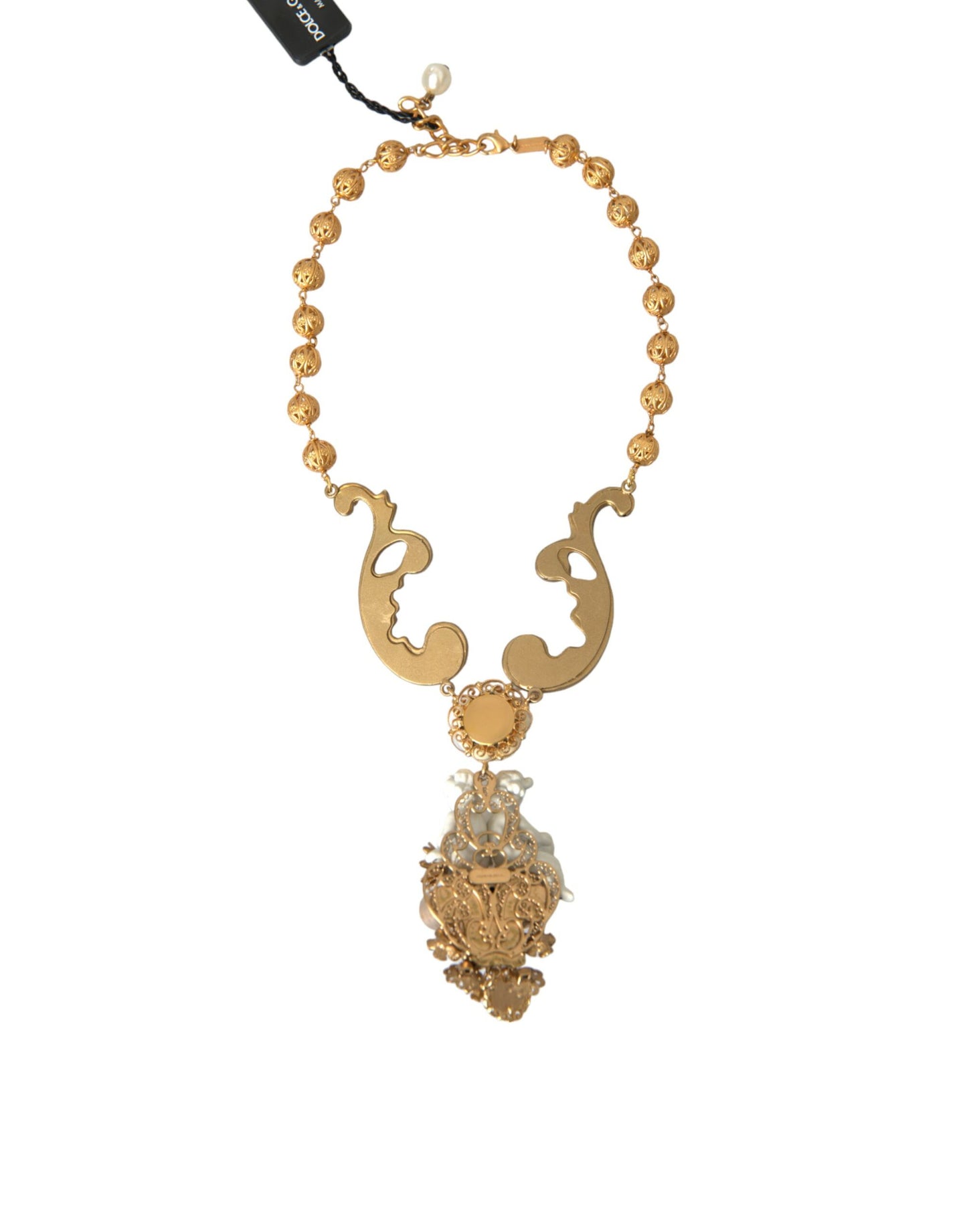 Dolce & Gabbana Gold Brass Angel Floral Beaded Embellished Necklace