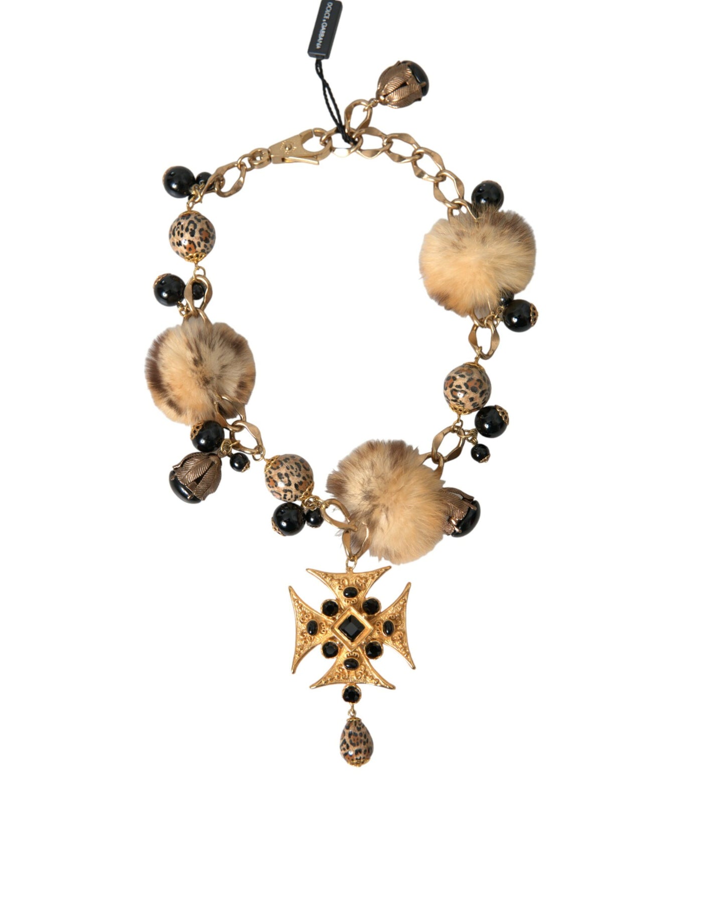 Dolce & Gabbana Gold Black Crystals Lapin Fur Filigree Chocker Necklace