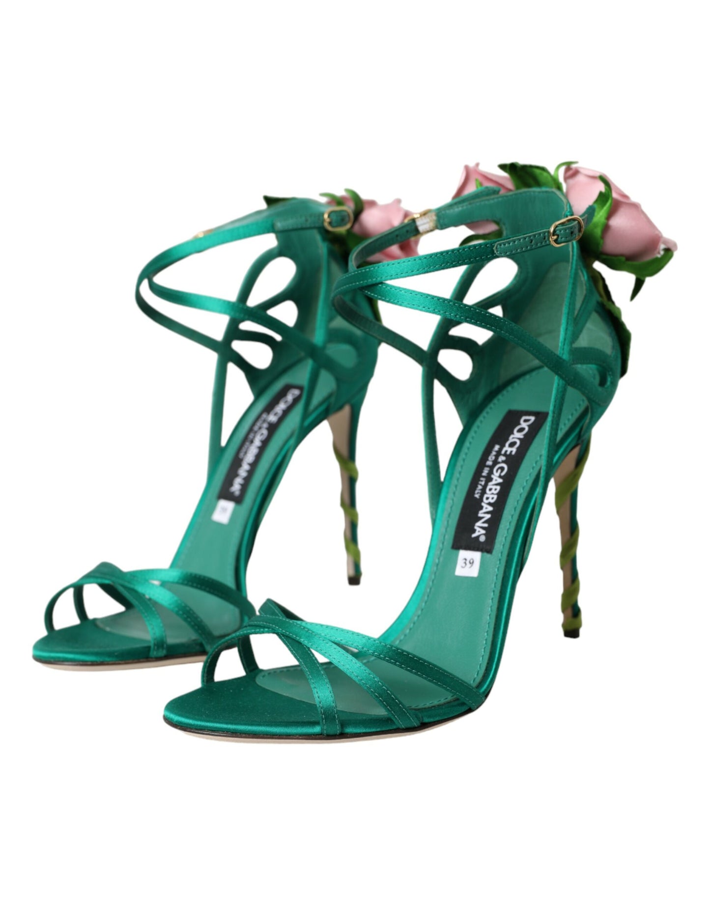 Dolce & Gabbana Green Flower Satin Heels Sandals Shoes