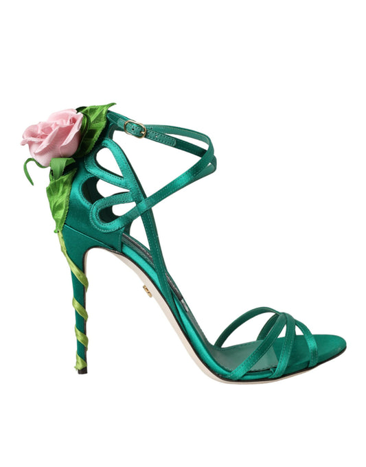 Dolce & Gabbana Green Flower Satin Heels Sandals Shoes