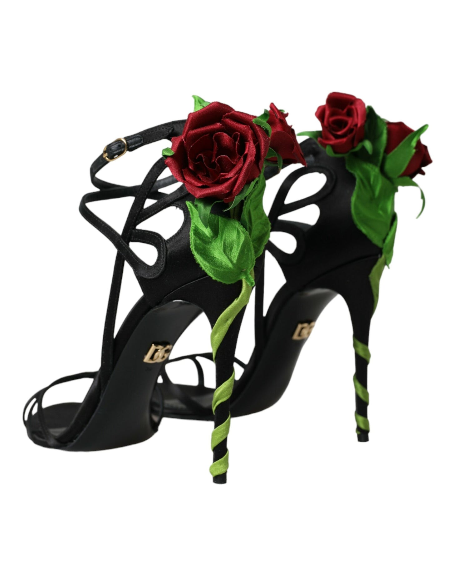 Dolce & Gabbana Black Flower Satin Heels Sandals Shoes