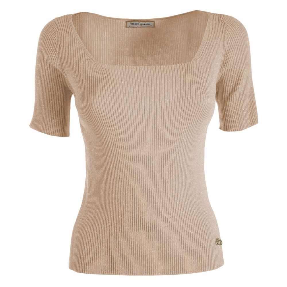 Yes Zee Chic Beige Rib-knit Short Sleeve Top