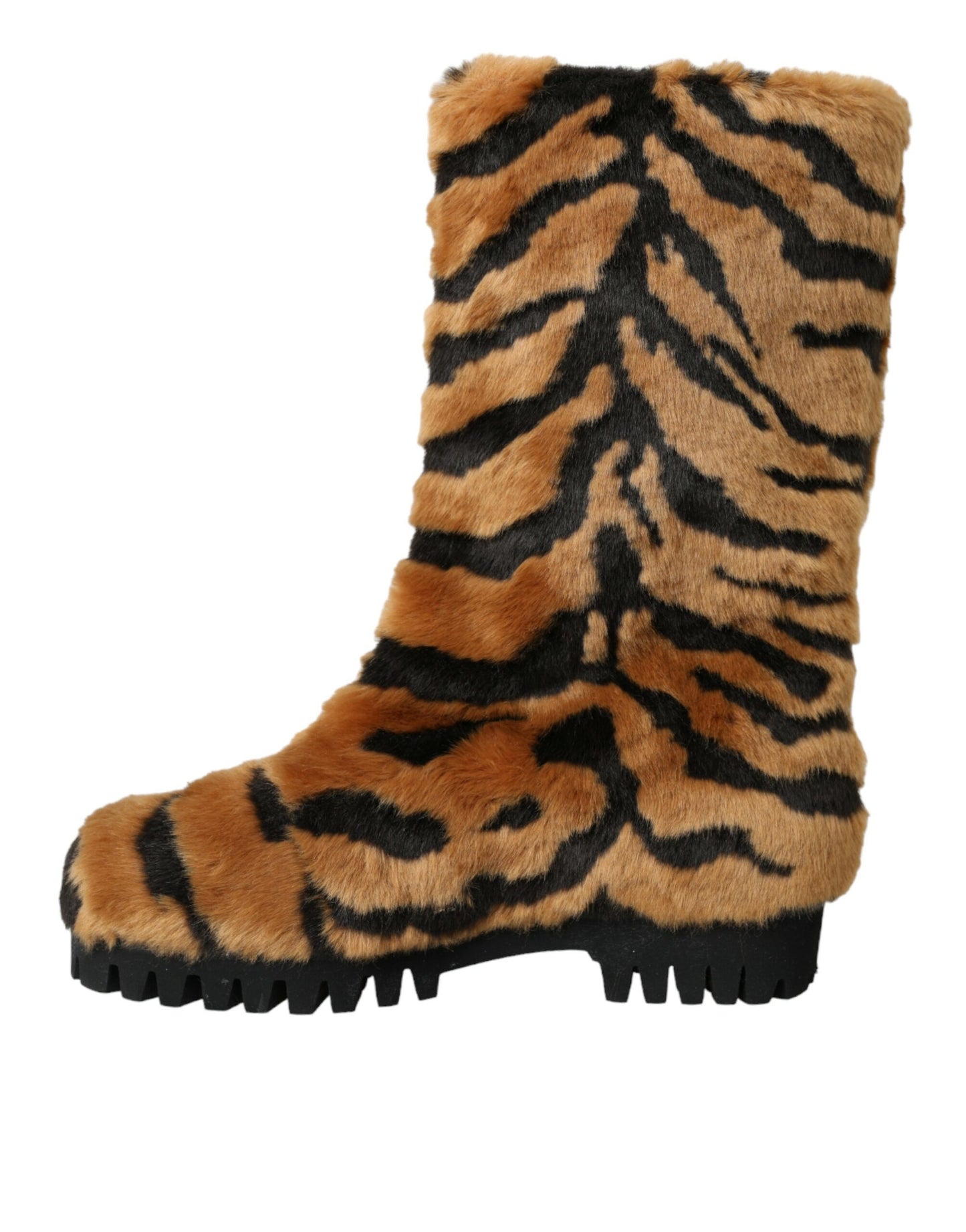 Dolce & Gabbana Brown Tiger Fur Leather Mid Calf Boots Shoes