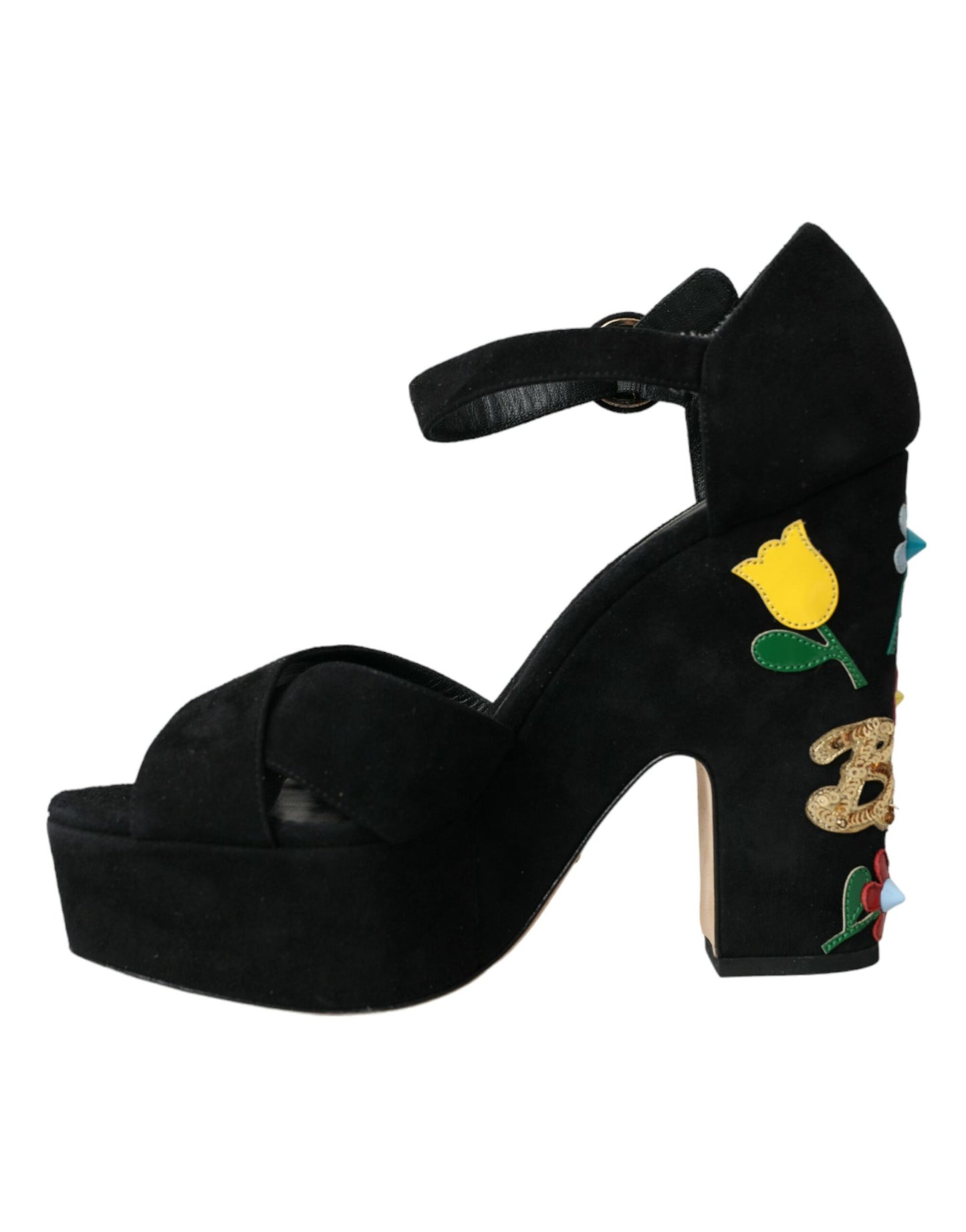 Dolce & Gabbana Black Floral Ankle Strap Heels Sandals Shoes