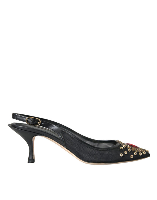 Dolce & Gabbana Black Mesh Embellished Heel Slingbacks Shoes