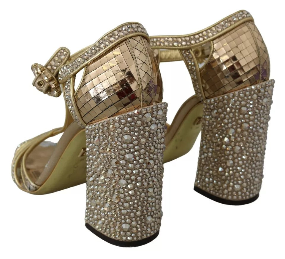 Dolce & Gabbana Gold Crystals T-strap Sandals Leather Shoes