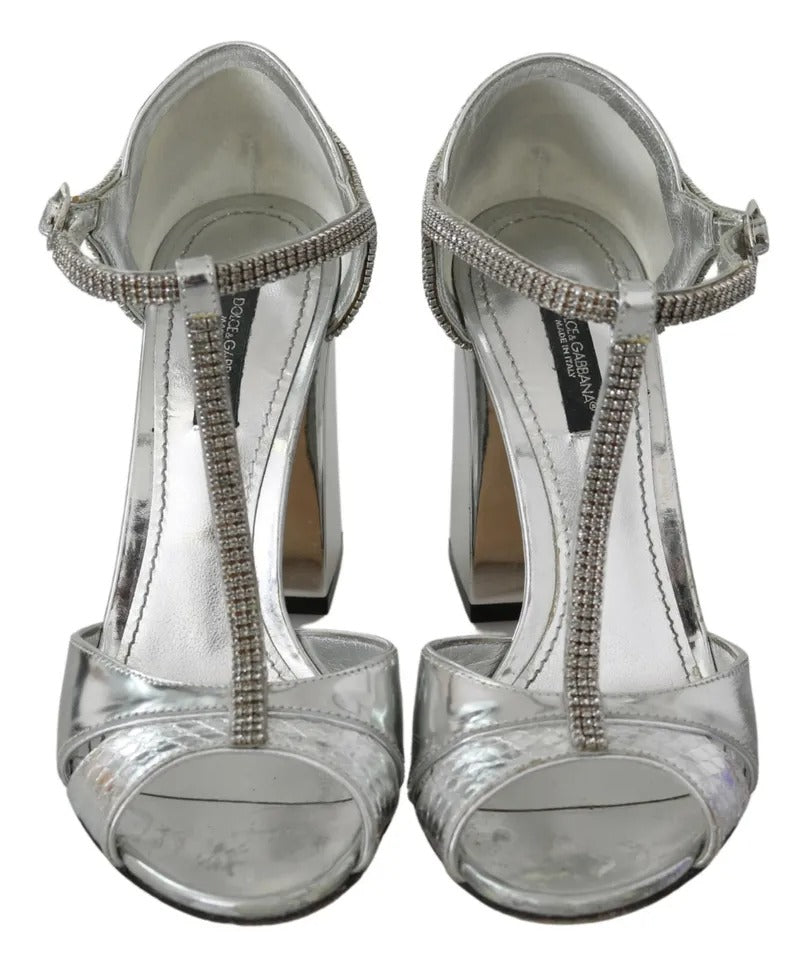 Dolce & Gabbana Silver Crystals T-strap Sandals Leather Shoes