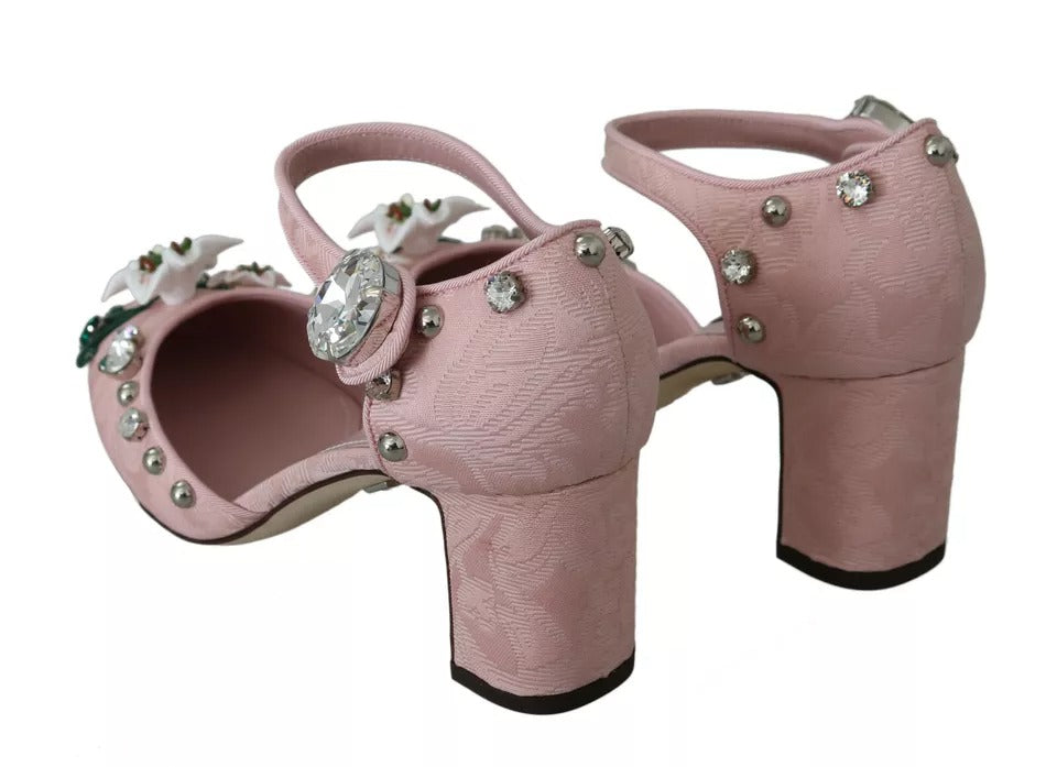 Dolce & Gabbana Pink Brocade Crystal Lily Ankle Strap Shoes