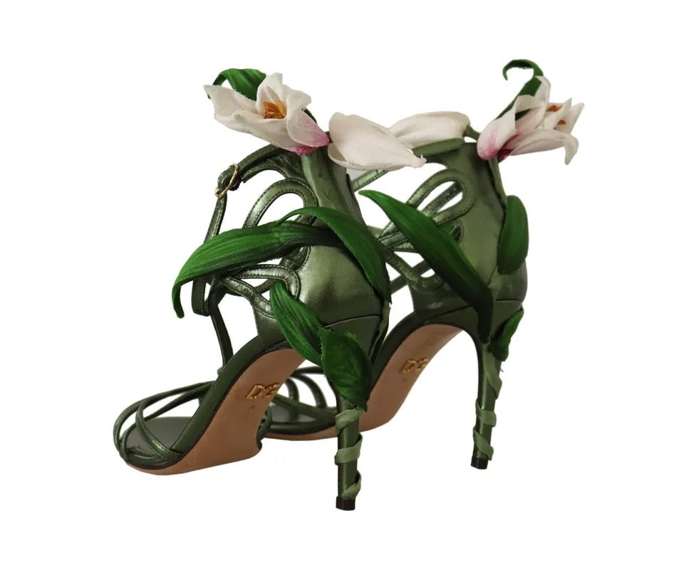 Dolce & Gabbana Acid Green Leather Strappy Flower Heels Sandals Shoes