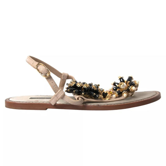 Dolce & Gabbana Beige Satin Gold Beaded Flats Slides Sandals Shoes