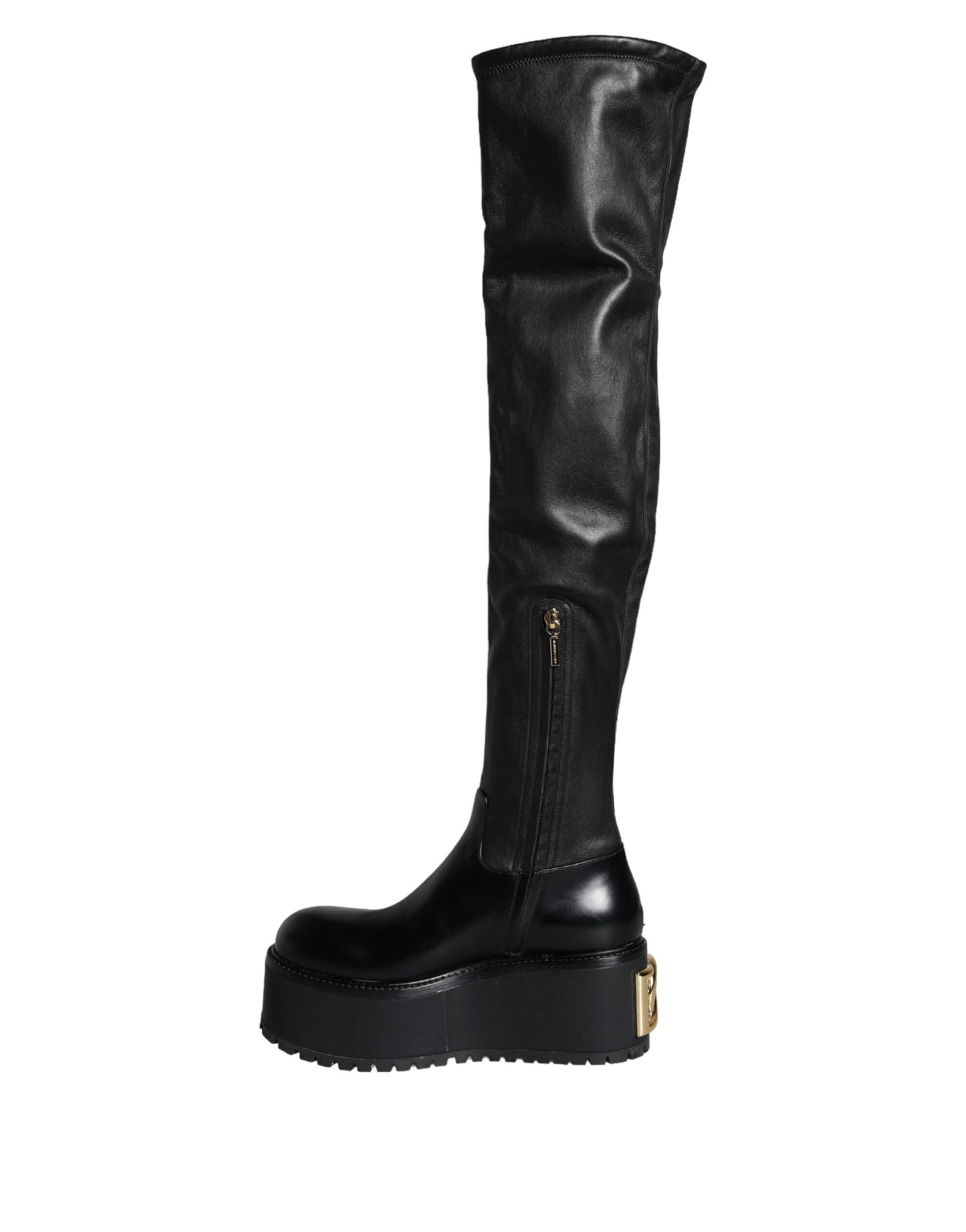 Dolce & Gabbana Black Leather Logo Knee High Boots Shoes