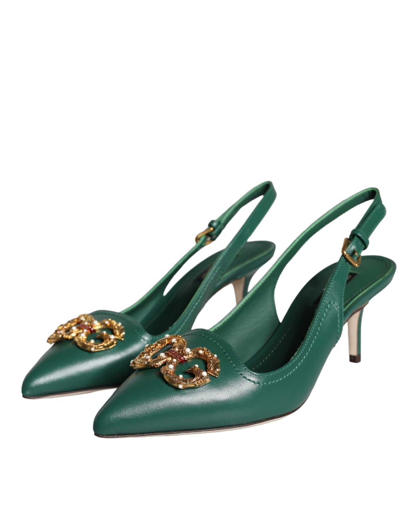 Dolce & Gabbana Dark Green DG Amore Leather Slingbacks Shoes