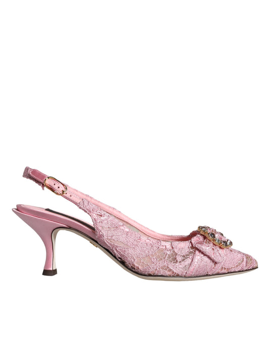 Dolce & Gabbana Pink Taormina Lace Crystal Heel Slingbacks Shoes