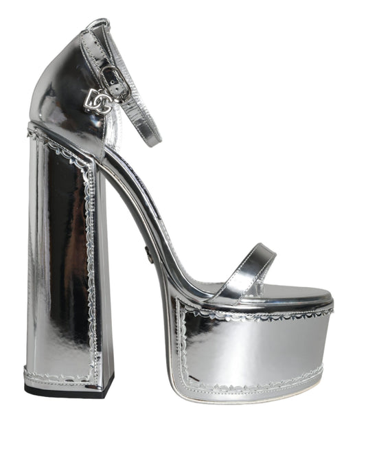 Dolce & Gabbana Silver Leather Platform Ankle Strap Sandals Shoes