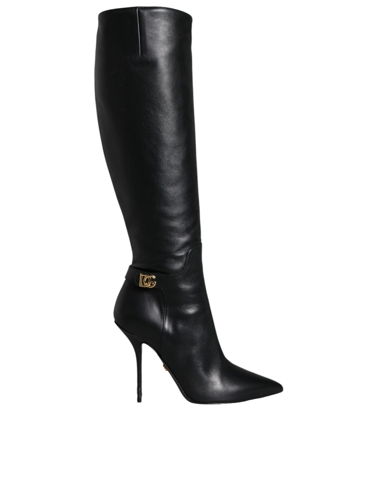 Dolce & Gabbana Black Leather Gold Tone Logo High Boots Shoes