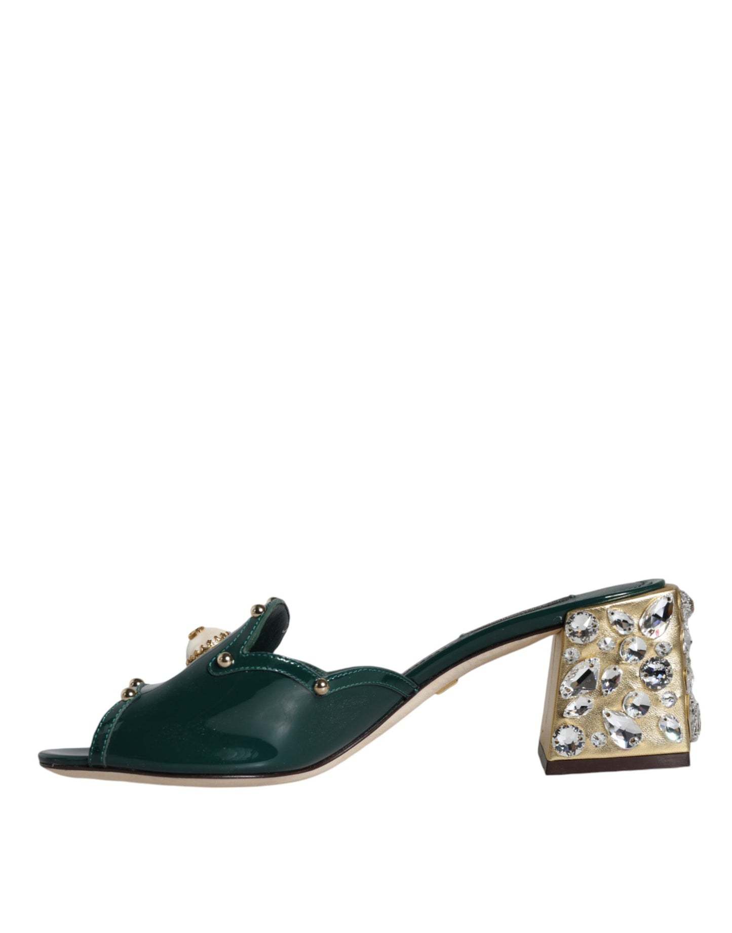 Dolce & Gabbana Green Crystal Leather Slides Sandals Shoes