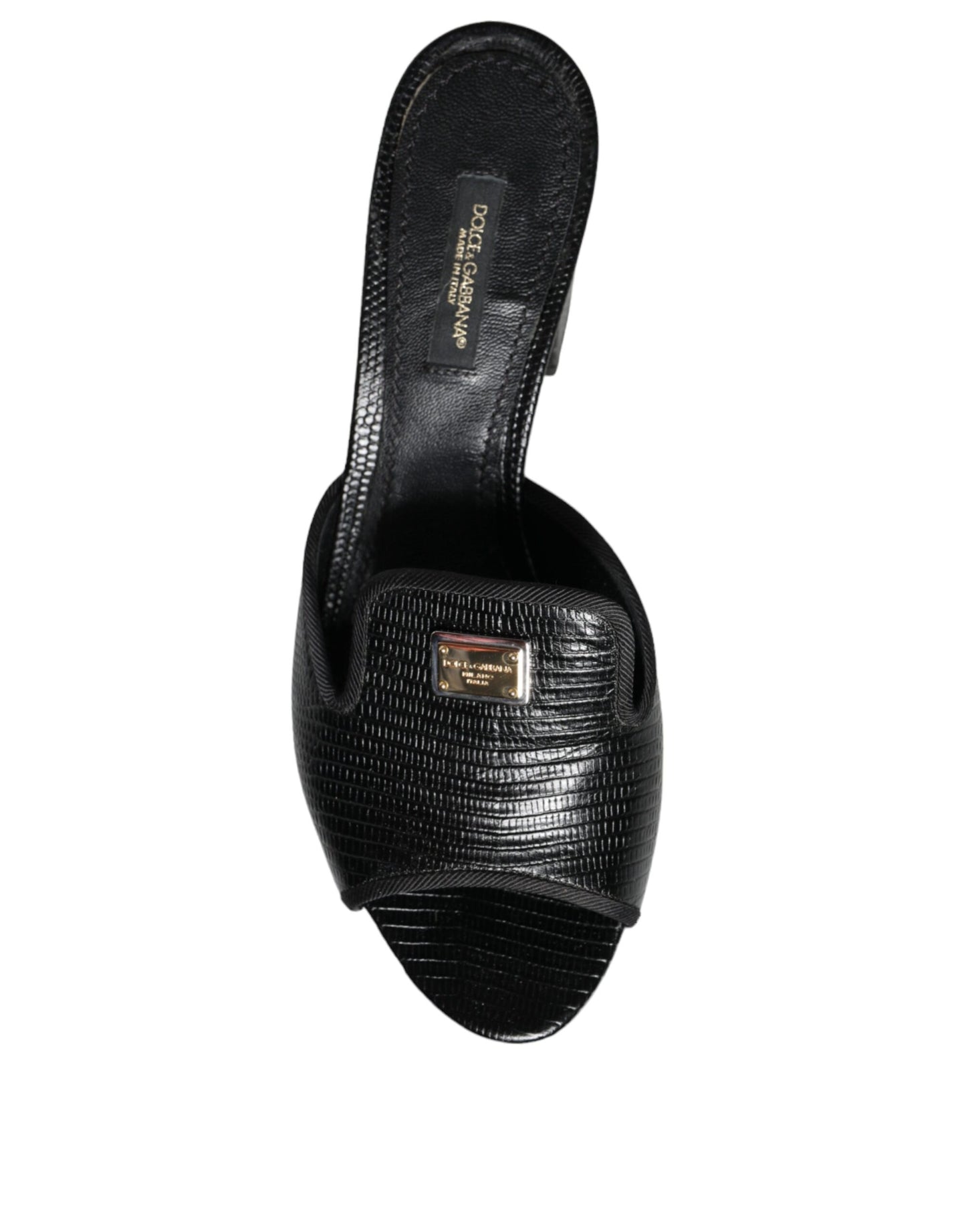 Dolce & Gabbana Black Logo Plaque Leather Heels Sandals Shoes