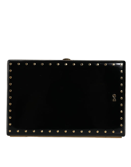 Dolce & Gabbana Black Leather Studs Gold Frame Clutch Evening Purse Bag