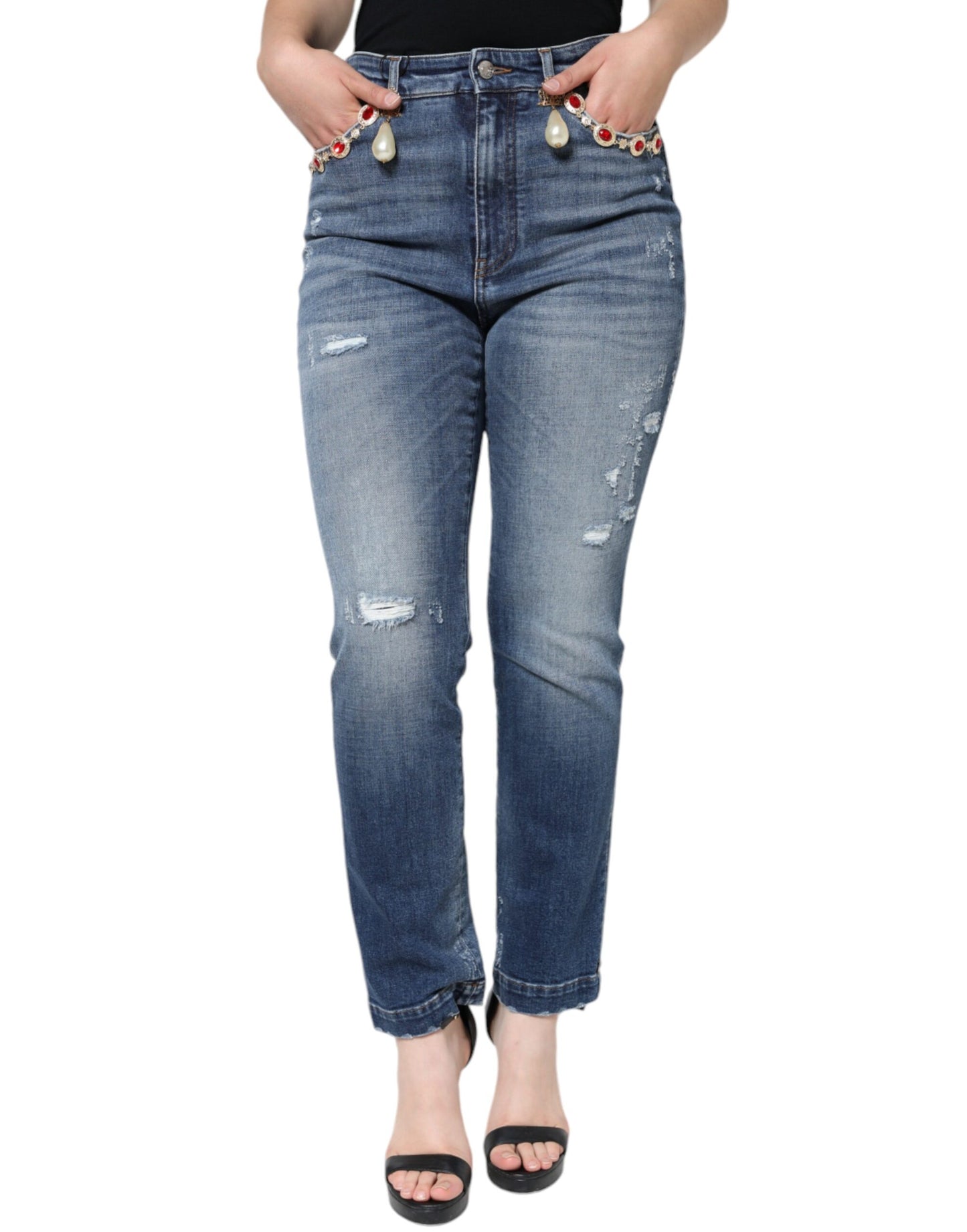 Dolce & Gabbana Dark Blue Cotton Tattered Skinny Denim Jeans