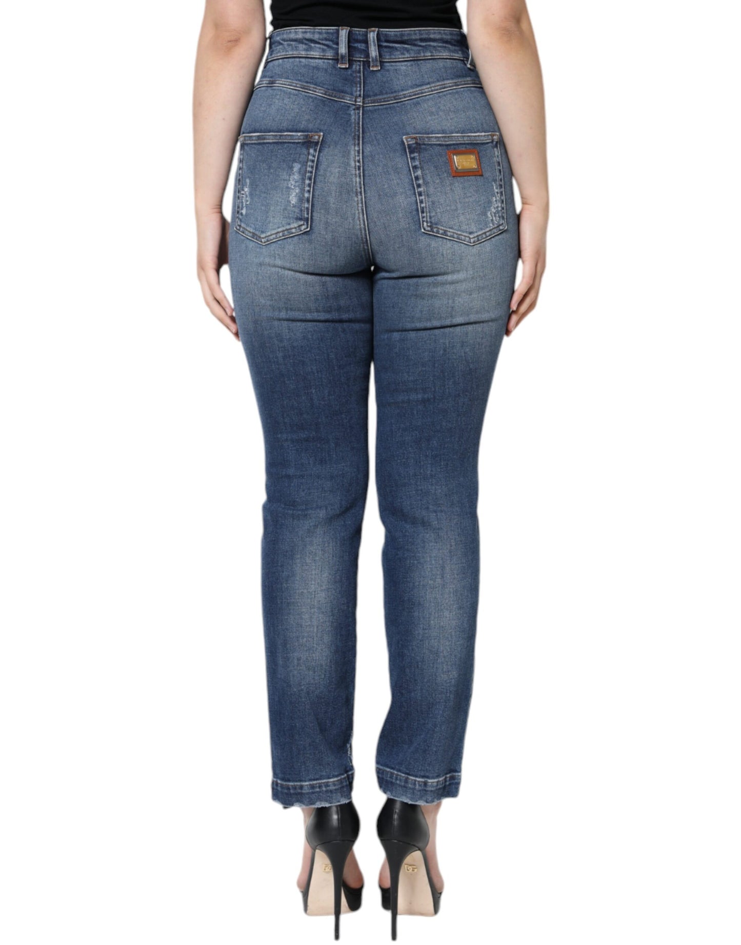 Dolce & Gabbana Dark Blue Cotton Tattered Skinny Denim Jeans