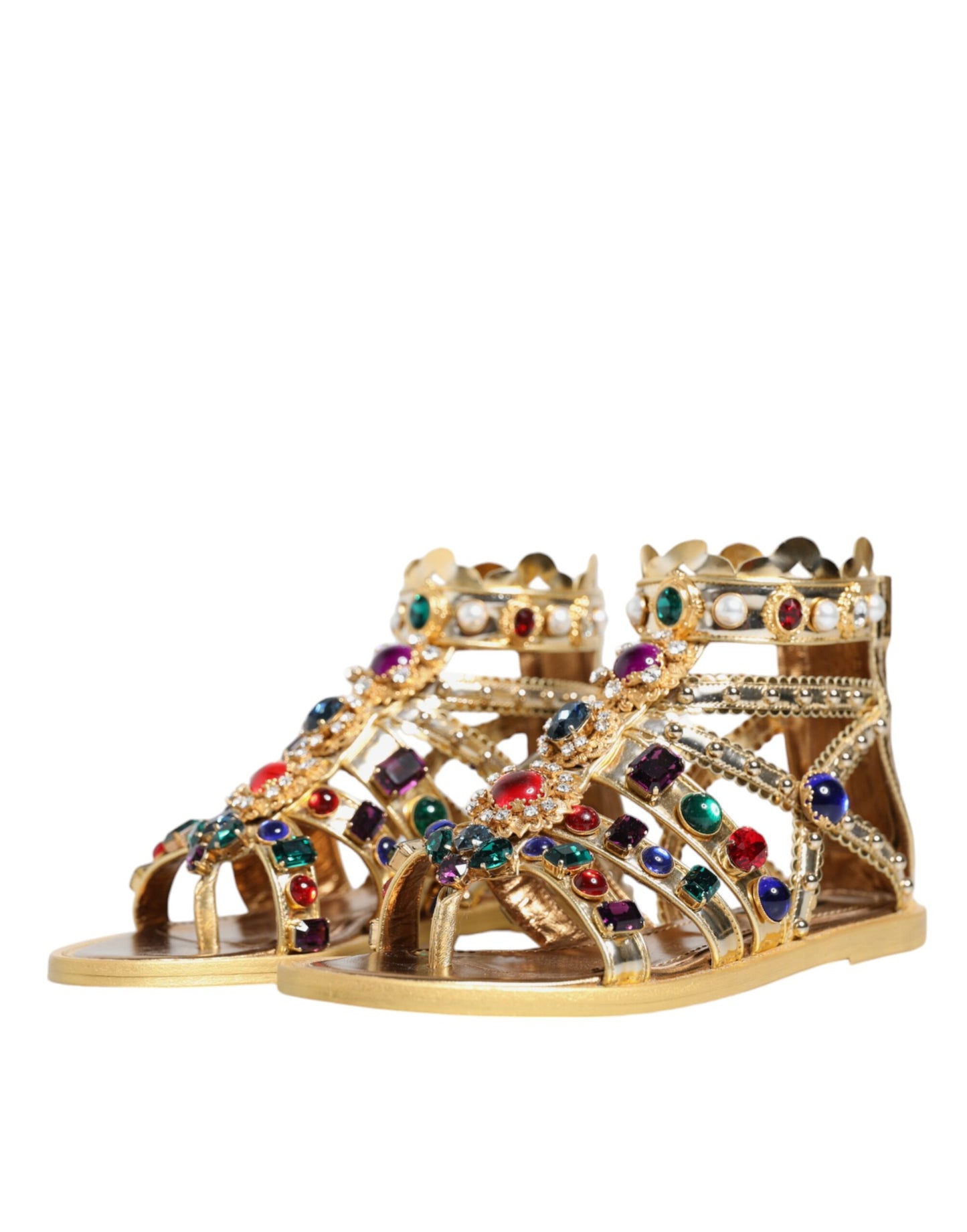 Dolce & Gabbana Gold Leather Crystal Gladiator Sandals Flats Shoes