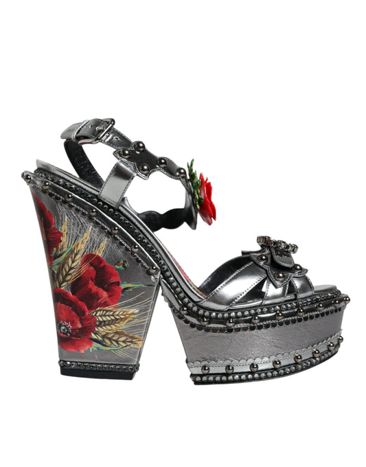 Dolce & Gabbana Silver Embellished Platform Heels Sandals Shoes