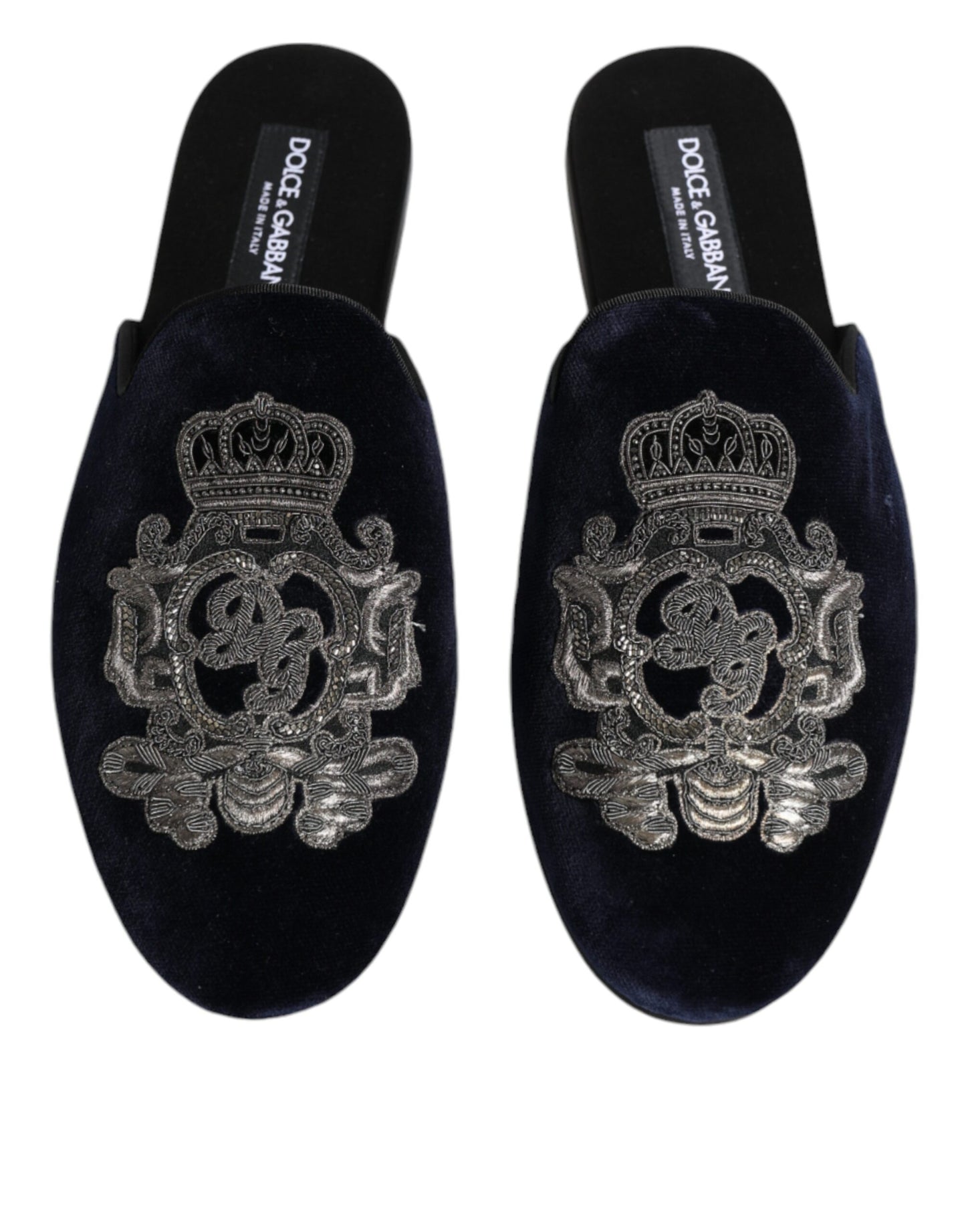 Dolce & Gabbana Black Velvet DG Crown Embroidery Slides Shoes