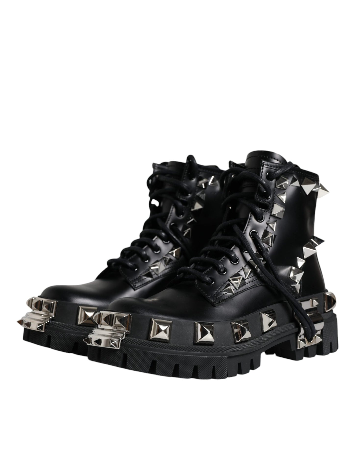 Dolce & Gabbana Black Leather Studded Trekking Boots Shoes