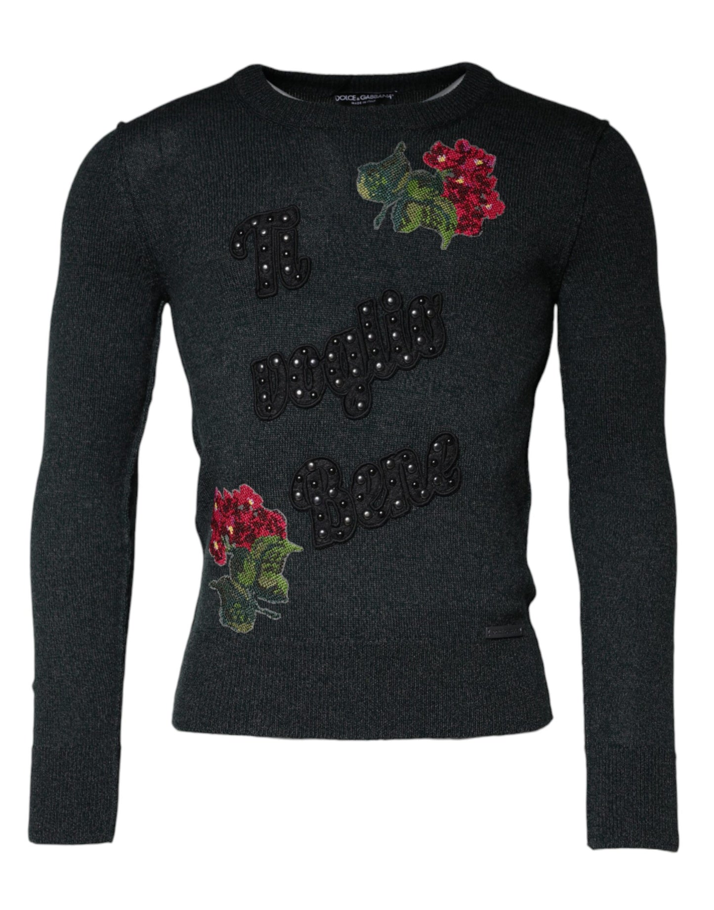 Dolce & Gabbana Gray Embellished Crew Neck Pullover Sweater