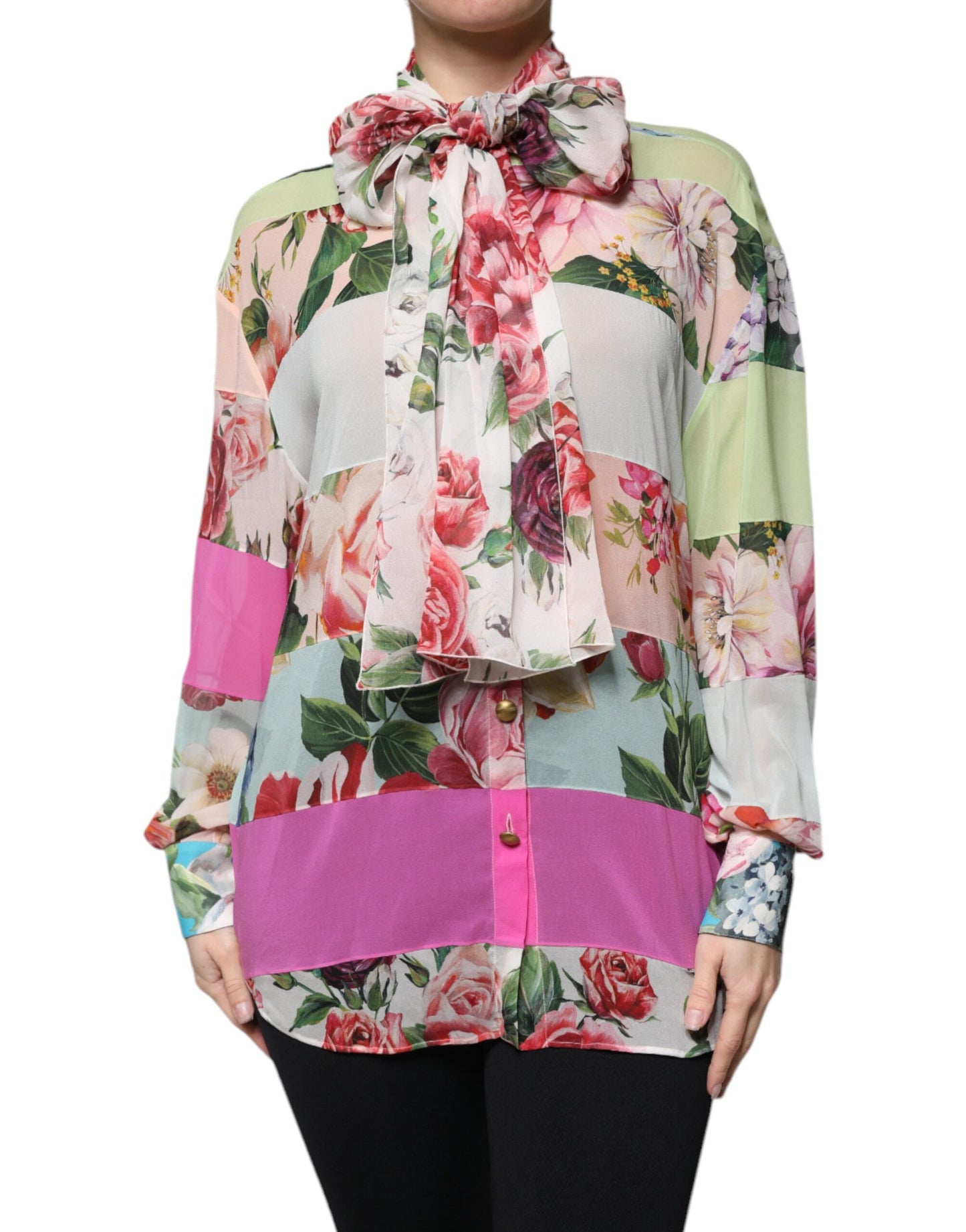 Dolce & Gabbana Multicolor Floral Patchwork Ascot Collar Top