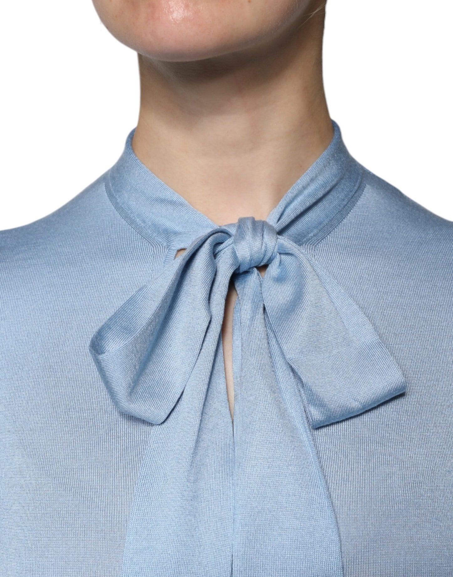 Dolce & Gabbana Blue Silk Knit Pullover Ascot Collar Top