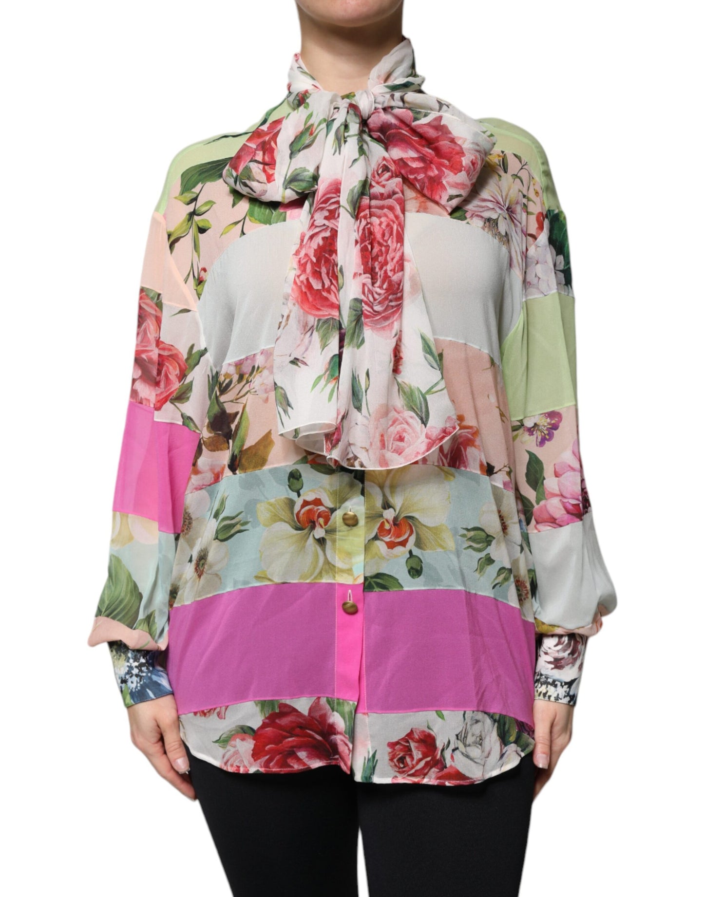 Dolce & Gabbana Multicolor Floral Patchwork Ascot Collar Top