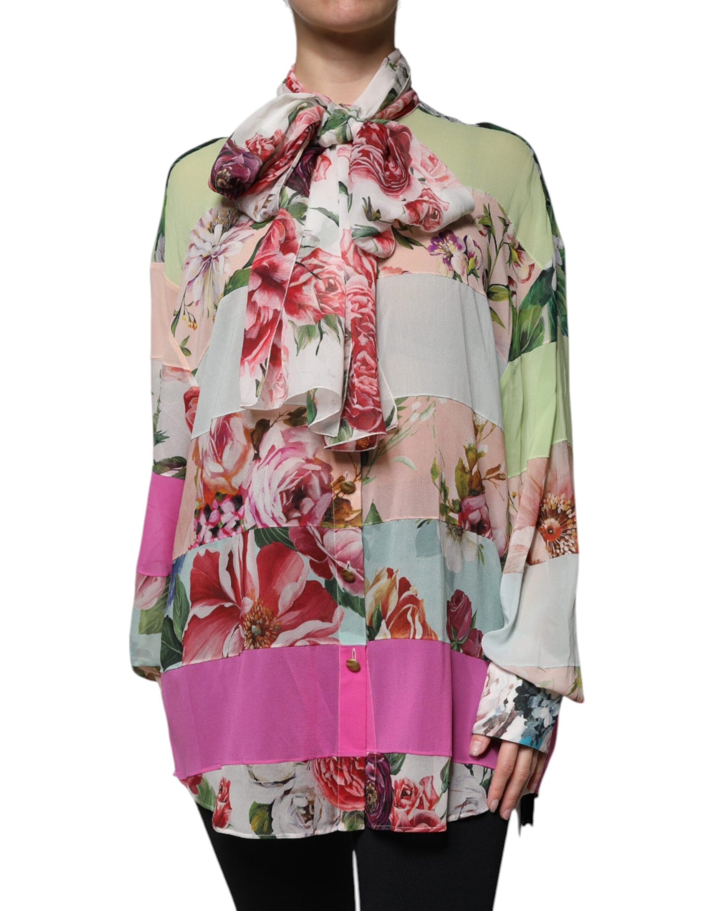 Dolce & Gabbana Multicolor Floral Patchwork Ascot Collar Top